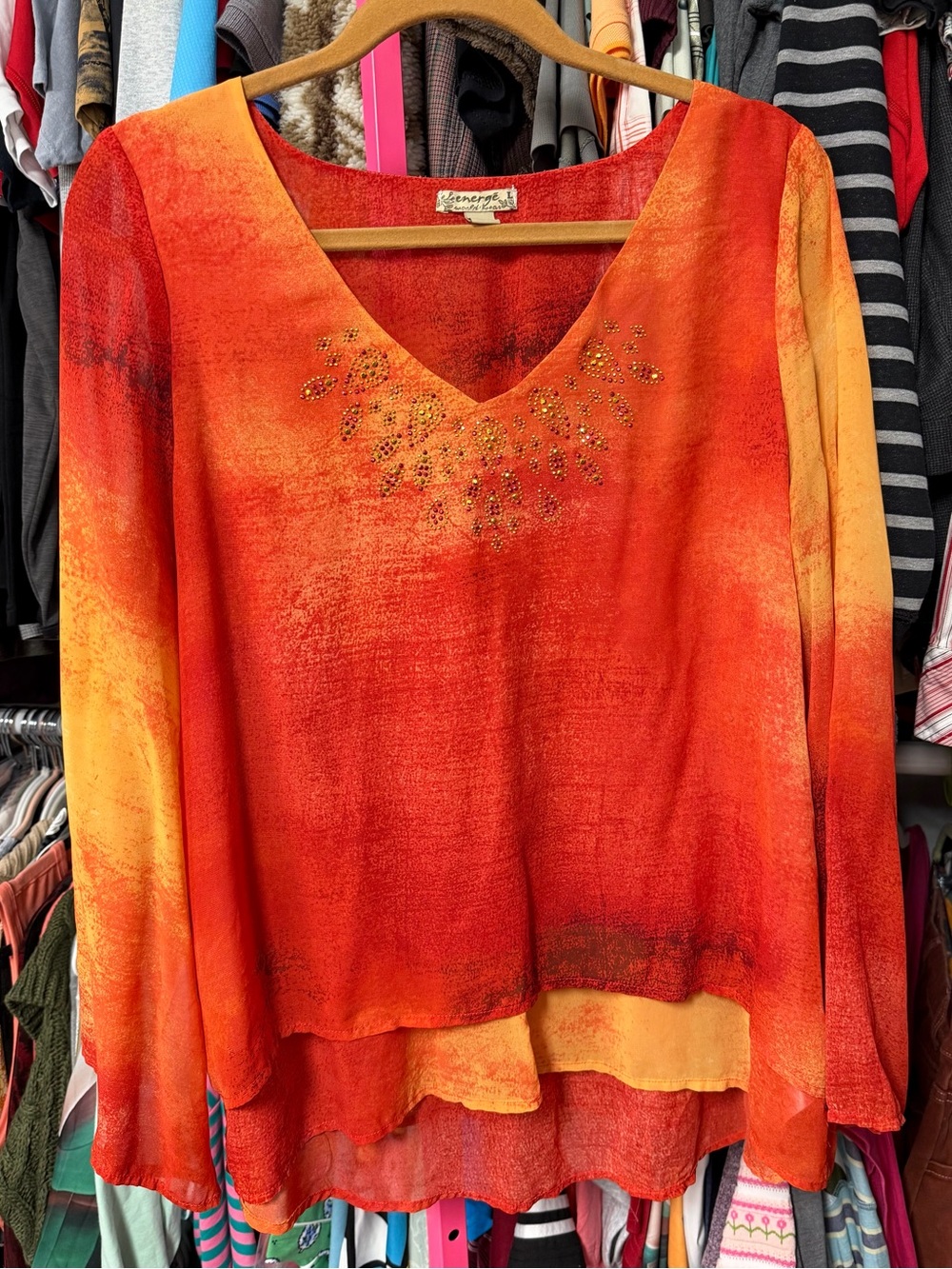 Energe womenโs size Large blouse Beaded V-neck Chiffon 3/4 Sleeves Orange